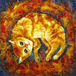 Cat Painting Pet Portrait Original Art Animal Painting On Canvas Red Cat Art Fall Leaves Kitten 20" x 20" By Colibri Art