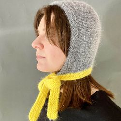 Mink angora wool knitted bonnet hat with long stripes
