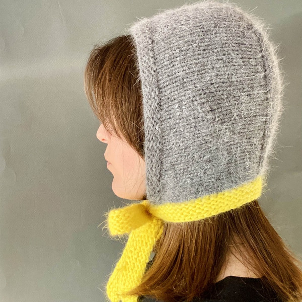 mink angora wool knitted bonnet hat with yellow stripes3.jpg
