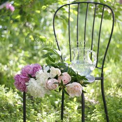 Summer garden photography, still life photo with a bouquet of white and pink peony flowers in a sunny day, digital print