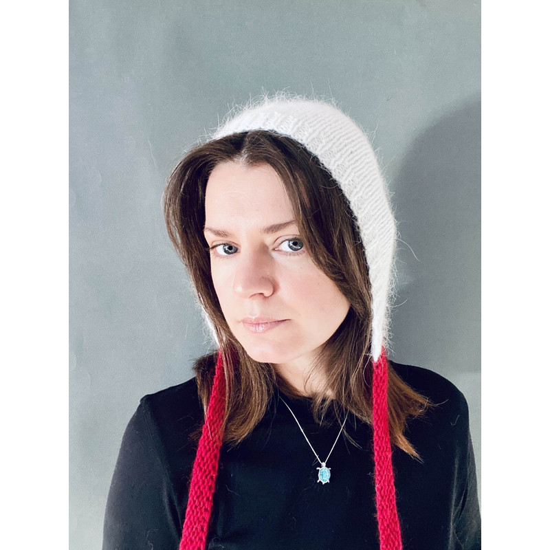 mink angora wool knitted bonnet hat with long stripes1.jpg