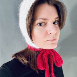 mink angora wool knitted bonnet hat with long stripes