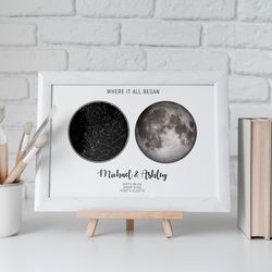 custom moon phase print star map print double art night we met anniversary gift night sky print star map poster, wedding