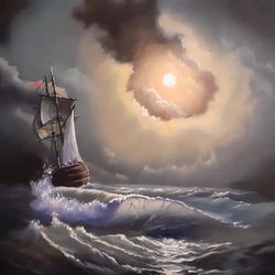 Sailboat, oil painting, Night sea, seascape. Original art Ship at sea.