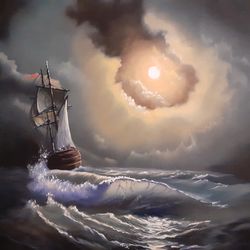 sailboat, oil painting, night sea, seascape. original art ship at sea.