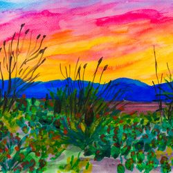 Saguaro National Park original watercolor painting Sonoran desert sunset artwork Arizona landscape cactus wall art