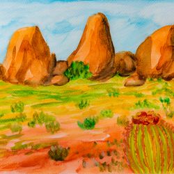 City of Rocks State Park original watercolor painting New Mexico landscape desert artwork southwestern wall art