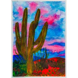 Arizona cactus original watercolor painting Arizona Saguaro desert landscape wall art sunset artwork