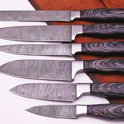damascus chef set of 6 pieces ,custom handmade chef set , handmade damascus chef set ,personalized gift for mother ,