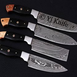 Custom Hand Forged, Damascus Steel Chef Knife Set, Kitchen Knife Set of 4 Pieces, With Leather Sheath Roll, Gift For Him
