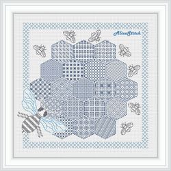 Blackwork sampler bees honeycomb silhouette geometric ornament monochrome panel patchwork  counted cross stitch pattern