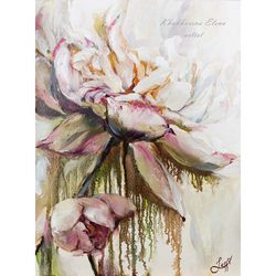 Lotus Painting Floral Original Art Flower Artwork Botanical Oil Painting Impasto Blossom Wall Art 16"x12" by LexxaArt