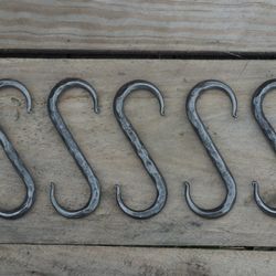 Set of 5 hand forged S hooks 4", Lacquer, Blacksmith made, Wrought iron, Pot rack, Utensil hook, Kitchen hardware, Hamme