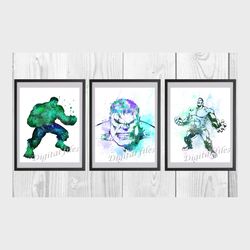 Hulk Marvel Superhero set Art Print Digital Files decor nursery room watercolor