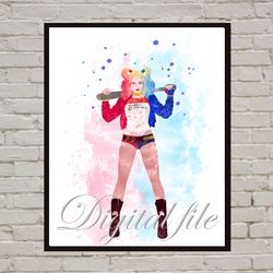 Harley Quinn DC Comics Superhero Art Print Digital Files decor nursery room watercolor