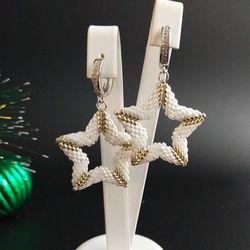 White fancy cute star earrings beaded, handcrafted jewelry, birthday gift daughter, unique dangle seed beads earrings