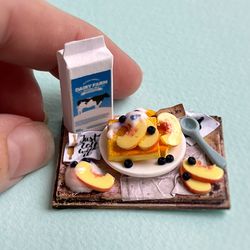 Miniature set of waffles with peaches for dolls and dollhouse, scale 1:12