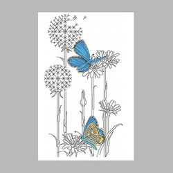 butterfly embroidery design on flowers, dandelion. cross stitch pattern. machine embroidery design.