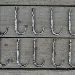 Set of 10 hammered small hooks, Towel, Mug, Bag, Coat, Rack, Hanger, Holder. Wrought iron, Blacksmith, Metal decor
