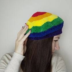 Plush beret Rainbow beret hat crochet French beret for women Lgbtq pride beret hat Fluffy beret hat