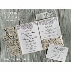 Rose lace wedding invitation svg template cricut, Laser cut pocket envelope bellyband, Papercut tri-fold stencil cameo