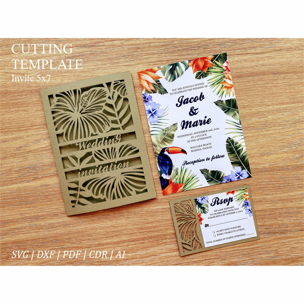 Hawaiian tropical wedding invitation sleeve template svg