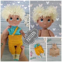 PATTERN Crochet baby doll pdf in English. Amigurumi doll toy tutorial. Baby boy with clothes set.