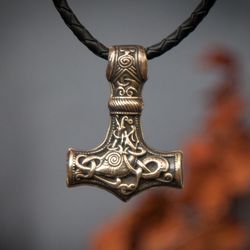 Big Mjolnir Thor Hammer pendant on leather cord. Viking scandinavian necklace. Pagan handcrafted jewelry. Man present