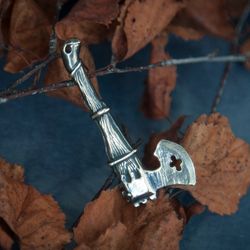 Hatchet pendant on black leather cord. Warrior weapon necklace. Man jewelry. Present for him. Viking axe. Handmade art