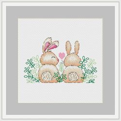 Rabbits couple in love for cross stitch pattern