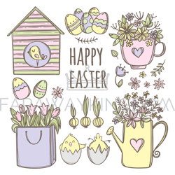 easter has come holiday cartoon clip art vector illustration set