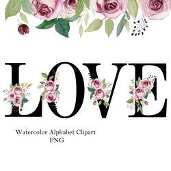 Watercolor Roses Alphabet, black floral letters, png.