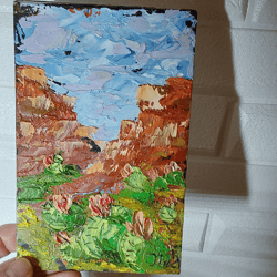 Original oil painting Arizona cacti. Summer landscape. handmade wall art 6 by 4