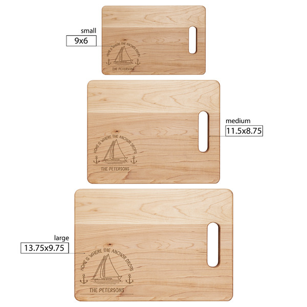 Boat gift Boat accessories Home is where the anchor drops Personalized cutting board sizing chart.jpg