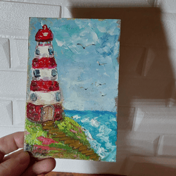 Original oil painting White lighthouse. Seascape. handmade wall art impasto 6by4