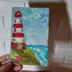 original oil painting white lighthouse. seascape. handmade wall art impasto 6by4