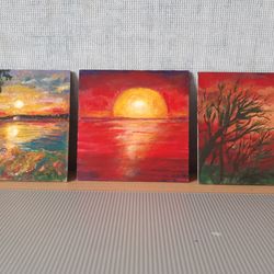 acrylic paintings on fiberboard, sunset, 3 art works together