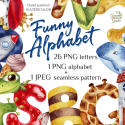 ABCs Kids funny alphabet. Watercolor hand-painted clip art. Digital paper. Printable educational poster.