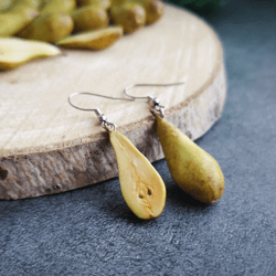 Pear half earrings are cottagecore mismatched weird, funny, cute fruit earrings