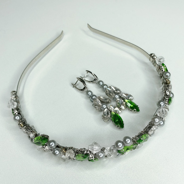 natural jewelry set, hairband, rhinestone earrings, wedding tiara, exhibition sample