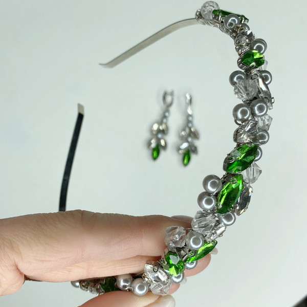 natural jewelry set, hairband, rhinestone earrings, wedding tiara, exhibition sample