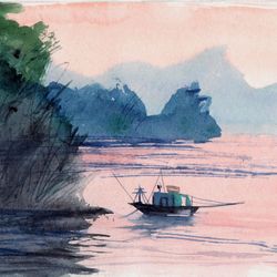 Original Sea Watercolor Landscape Seascape Boat Ship Painting Watercolor Painting Wall Art Asia Nature Art