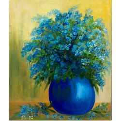 Flowers painting forget-me-nots art oil painting original artwork Colorful wall art blue flowers art floral art