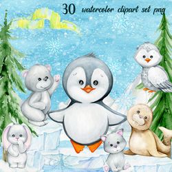 Winter watercolor clipart, Cute arctic animals, polar animals watercolor graphics, Seal, Walrus, Fox, Penguin, Bear,