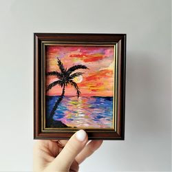Sunset landscape acrylic painting small coastal wall art