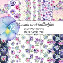 butterflies Pansies Digital Paper Pack, Viola and Pansy Patterns, Floral Seamless Pattern, Purple / Green Spring Flowers