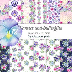 butterflies pansies digital paper pack, viola and pansy patterns, floral seamless pattern, purple / green spring flowers