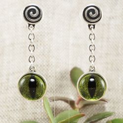 Olive Green Glass Cat Eye Earrings Silver Cat Spiral Earrings Evil Eye Dangle Drop Earrings Cat Lover Gift Jewelry 6557