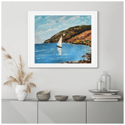 Art Painting Landscape with Sea White Sailing Boat Seashore Rocky Mountains Original Painting Canvas