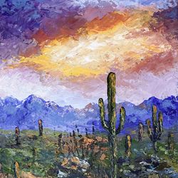 Arizona painting Original acrylic painting Sunset sky art Saguaro cactus Desert landscape art Impasto painting